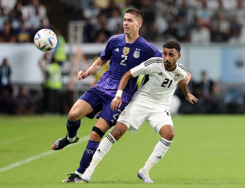 Juan Foyth of Argentina and Harib Abdalla of the UAE during the friendly