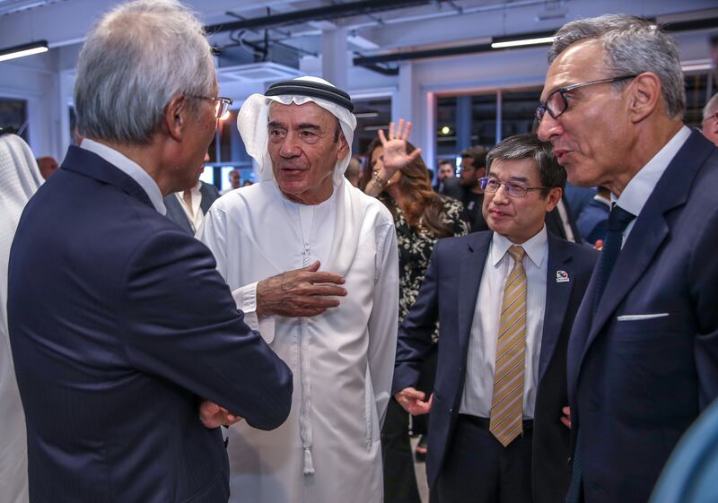 From left, Etsuro Saito, president and chief executive of Fujitsu General Limited; Zaki Nusseibeh, Cultural Advisor to the President of the UAE and the Chancellor of UAE University; Akio Isomata, Ambassador of Japan to the UAE; and Tariq Al Ghussein, chief executive of Taqee. Victor Besa / The National 