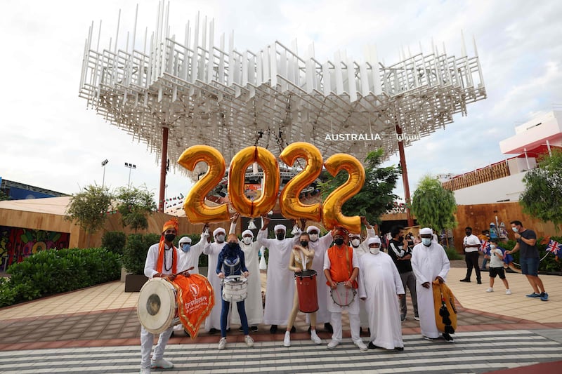 A band plays during New Year celebrations in front of the Australian pavilion at Expo 2020 Dubai. AFP