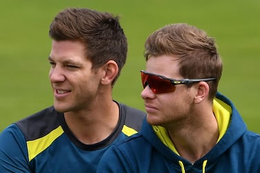 Australia captain Tim Paine, left, with Steve Smith during a training session ahead of the third Ashes Test. AFP