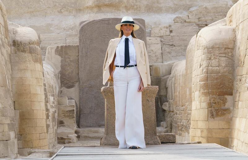 Visiting the ancient statue of Sphinx at historical Giza Pyramids site near Cairo, Egypt she wore a Ralph Lauren jacket and a Chanel hat and pumps and looked a lot like a character in a remake of Indiana Jones. Photo / AP