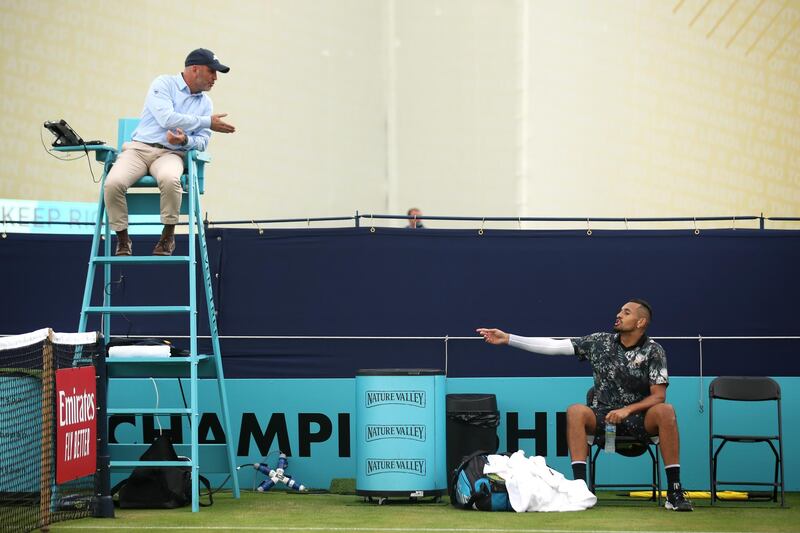 LONDON, ENGLAND - JUNE 20: Nick Kyrgios of Australia complains to the umpire Fergus Murphy of Ireland during his First Round Singles Match against Roberto Carballes Baena of Spain during day Four of the Fever-Tree Championships at Queens Club on June 20, 2019 in London, United Kingdom. (Photo by Alex Pantling/Getty Images)