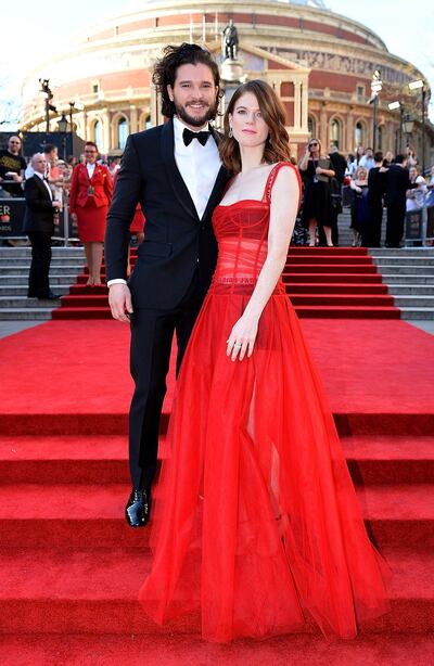 FILE - SEPTEMBER 26: "Game of Thrones" actors Kit Harington and Rose Leslie are engaged. The two have been dating since 2012 after meeting on the set of the HBO series. LONDON, ENGLAND - APRIL 09:  Rose Leslie and Kit Harington attend The Olivier Awards 2017 at Royal Albert Hall on April 9, 2017 in London, England.  (Photo by Jeff Spicer/Getty Images)