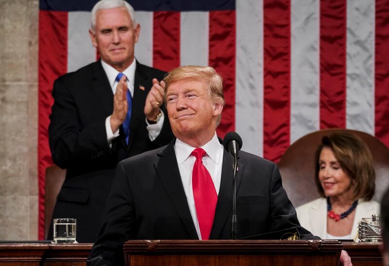 US President Donald Trump delivers the State of the Union address with Vice President Mike Pence and Speaker of the House Nancy Pelosi at the Capitol in Washington, DC, 5 February 2019.  EPA