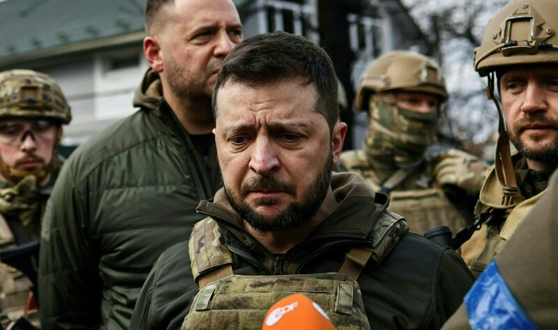 President Zelenskyy in the town of Bucha, northwest of the Ukrainian capital Kyiv, on April 4. AFP