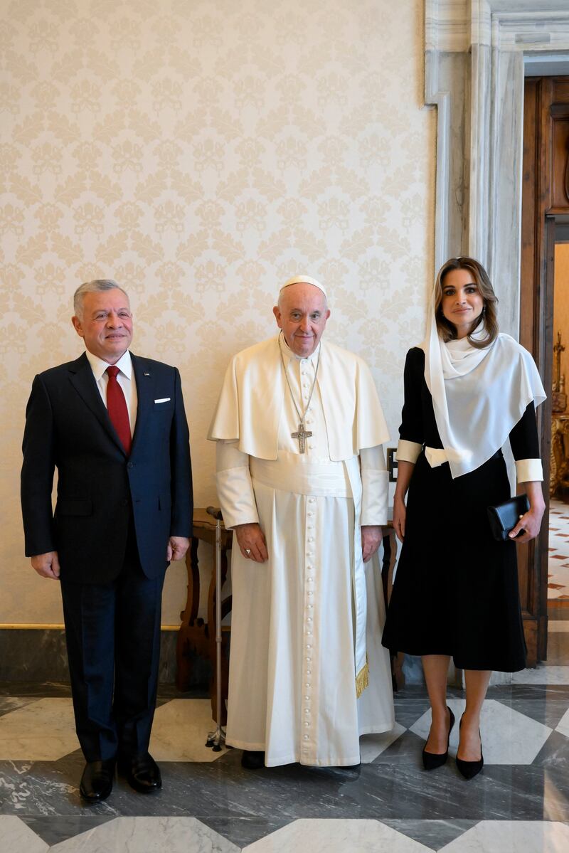 Jordan's King Abdullah II and Queen Rania with Pope Francis at the Vatican. Photo: @RHCJO / Twitter