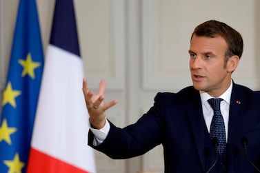 French President Emmanuel Macron gestures during an address on the political situation in Lebanon, delivered from the Elysee Palace on September 27, 2020. AFP