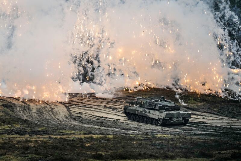 A Leopard 2 tank on a training exercise in Germany. Nato tanks could play a major role in Ukraine's expected offensive against a weakened Russian force, a western official has said. AP