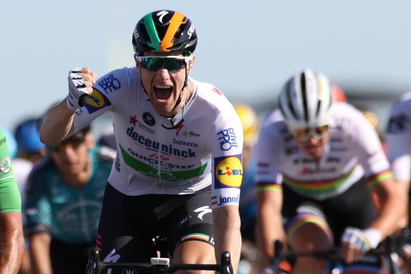 Sam Bennett celebrates as he crosses the finish line. AFP