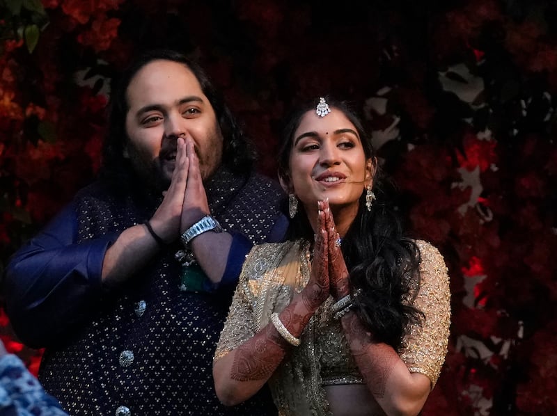 Anant Ambani, son of Mukesh Ambani, and Radhika Merchant at their engagement party in Mumbai on January 19, 2023. AP 