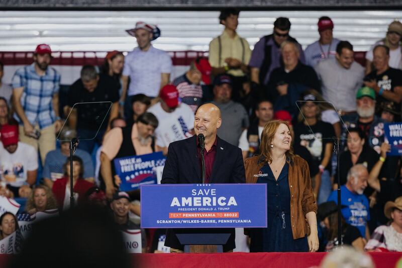 Doug Mastriano, Republican candidate for governor of Pennsylvania, speaks alongside his wife, Rebbeca Mastriano. Bloomberg