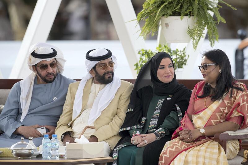 ABU DHABI, UNITED ARAB EMIRATES - February 18, 2019: (L-R) HH Sheikh Hamdan bin Zayed Al Nahyan, Ruler’s Representative in Al Dhafra Region, HH Sheikh Tahnoon bin Mohamed Al Nahyan, Ruler's Representative in Al Ain Region and HE Dr Amal Abdullah Al Qubaisi, Speaker of the Federal National Council (FNC), attend a Sea Palace barza.

( Ryan Carter / Ministry of Presidential Affairs )
---