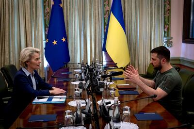 Ursula von der Leyen met Ukraine's President Volodymyr Zelenskyy several times in Kyiv as the war dominated the second half of her term. Reuters
