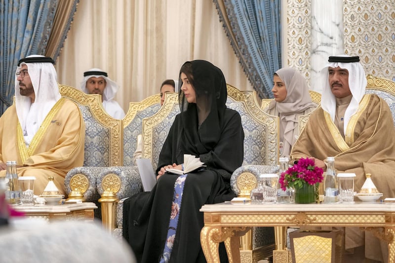 ABU DHABI, UNITED ARAB EMIRATES - February 06, 2020: (R-L) HE Ahmed Juma Al Zaabi, UAE Deputy Minister of Presidential Affairs, HE Reem Ibrahim Al Hashimi, UAE Minister of State for International Cooperation and HE Mohamed Abdulla Al Gergawi, UAE Minister of Cabinet Affairs and the Future, attend a meeting with HE Macky Sall, President of Senegal (not shown), during an official visit reception at Qasr Al Watan.

( Mohamed Al Hammadi / Ministry of Presidential Affairs )
---