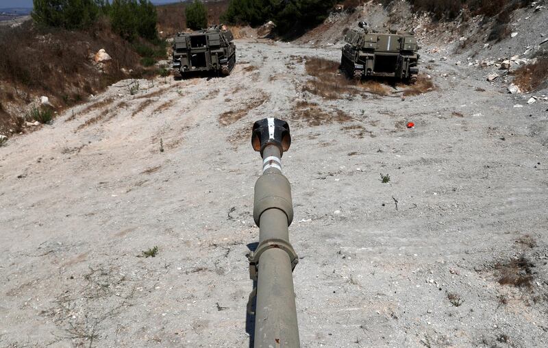 Dummy mobile artillery units in the Galilee area, next to the Lebanon border.  EPA