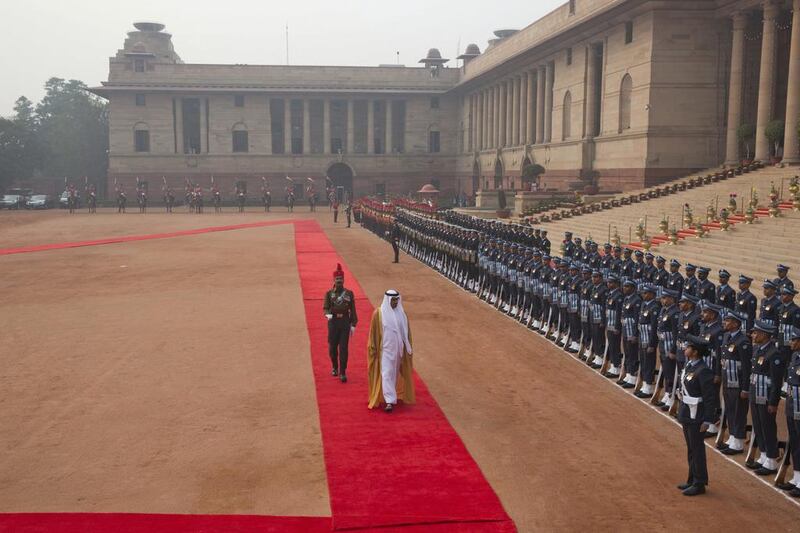 Sheikh Mohammed bin Zayed, Crown Prince of Abu Dhabi and Deputy Supreme Commander of the Armed Forces, inspects a guard of honour during a ceremonial reception at the Presidential Palace in New Delhi, India on Wednesday. Manish Swarup / AP Photo