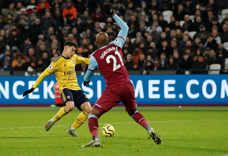 Arsenal's Gabriel Martinelli scores their first goal. Reuters