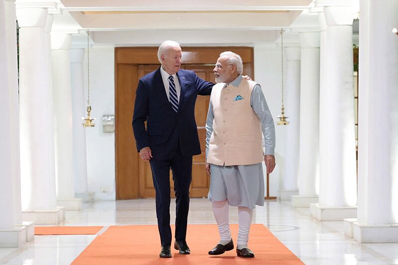Indian Prime Minister Narendra Modi, right, hosts US President Joe Biden in New Delhi. Indian Press Information Bureau / EPA