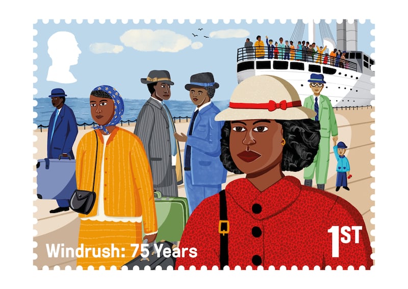 One of a new set of stamps released by Royal Mail marking the 75th Anniversary of the arrival of MV Empire Windrush to the UK on June 22, 1948. The original artwork was created by British black artist Kareen Cox. Royal Mail/PA Wire