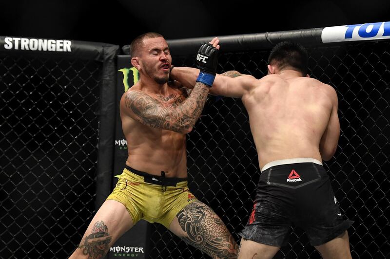 Song Yadong of China fights Marlon Vera of Ecuador in their Featherweight bout during UFC Fight Night at VyStar Veterans Memorial Arena. AFP