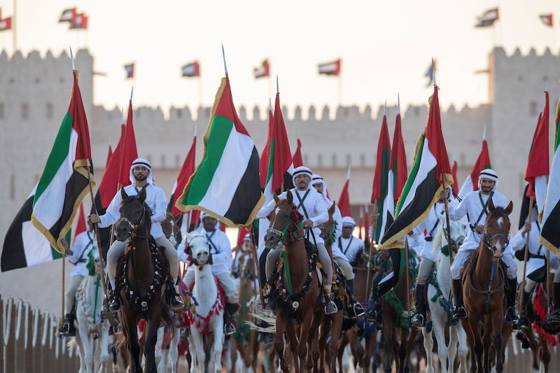 AL WATHBA, ABU DHABI, UNITED ARAB EMIRATES - December 03, 2018: Horsemen participate in the Union March during the Sheikh Zayed Heritage Festival. 
( Hamad Al Kaabi / Ministry of Presidential Affairs )?
---