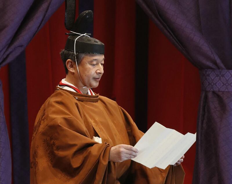 Emperor Naruhito officially proclaims his ascension to the Chrysanthemum throne during an enthronement ceremony at the Imperial Palace in Tokyo.  AFP