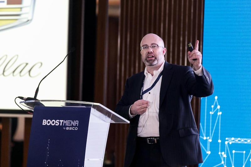 Trevor Loy, managing partner at Flywheel Ventures, a Silicon Valley-based venture capital fund, speaks at Boostmena yesterday. Reem Mohammed / The National