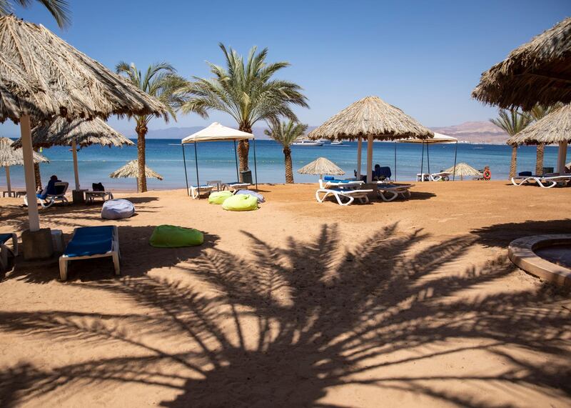 A view of an almost empty newly reopened hotel private beach in Aqaba, some 300km south of Amman, Jordan. Jordan government announced on 27 May that it will consider reopening tourist sites in the coming weeks after deciding on the required safety procedures.   EPA