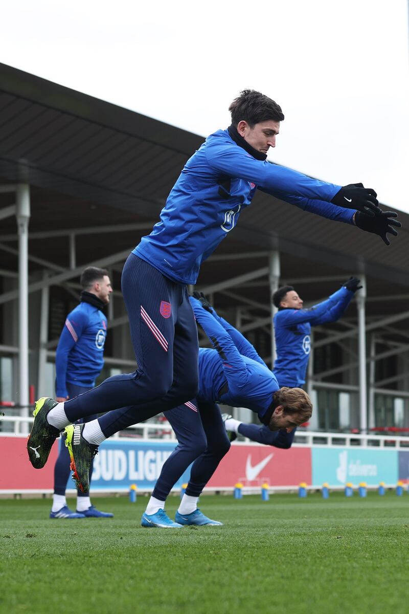 BURTON UPON TRENT, ENGLAND - MARCH 23: Harry Maguire of England in action during a training session ahead of an upcoming FIFA World Cup Qatar 2022 Euro Qualifier against San Marino at St George's Park on March 23, 2021 in Burton upon Trent, England. (Photo by Eddie Keogh - The FA/The FA via Getty Images)