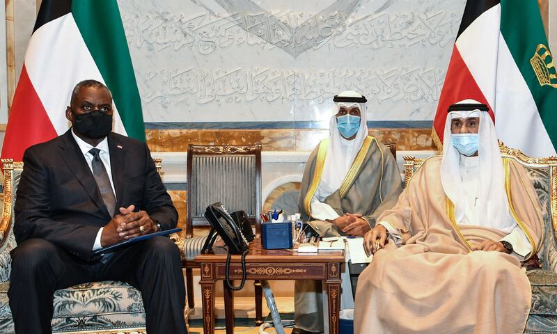 The Emir of Kuwait, Sheikh Nawaf, receives Mr Austin in Kuwiat City.  AFP