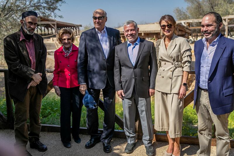 Jordanian Prince Ghazi bin Muhammad, Norway's Queen Sonja, Norway's King Harald V, Jordan's king Abdullah II, Jordan's Queen Rania, and Jordanian Prince Ali, pose during their visit to the Baptism Site on the Jordan River, where the baptism of Jesus Christ took place. REUTERS