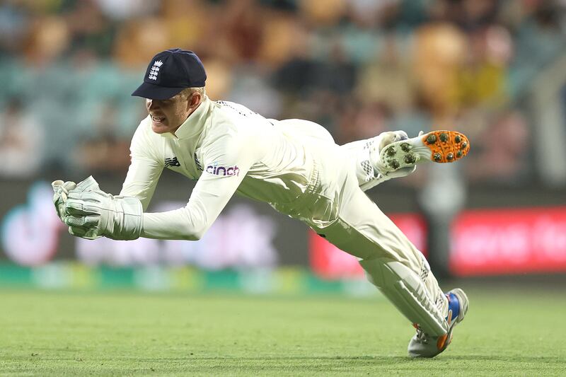 England wicketkeeper Sam Billing takes a catch to dismiss Marnus Labuschagne for five in Australia's second innings. Getty