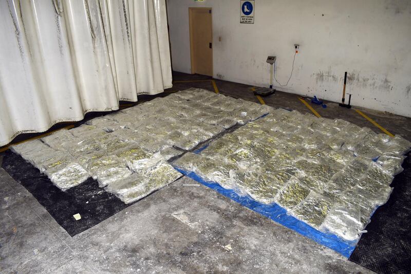 This handout picture released on August 29, 2019 by the Australian Border Force shows Australian law enforcement's seized record 755 kilogrammes of methamphetamine hidden in a shipment of frozen cowhides from Mexico. - The crystal meth was wrapped in aluminium foil and sandwiched among 18 pallets of hides that arrived in Sydney aboard a shipping container marked "Salty Bovine Skin". (Photo by - / AUSTRALIAN BORDER FORCE / AFP) / RESTRICTED TO EDITORIAL USE - MANDATORY CREDIT "AFP PHOTO / AUSTRALIA FEDERAL POLICE " - NO MARKETING - NO ADVERTISING CAMPAIGNS - DISTRIBUTED AS A SERVICE TO CLIENTS