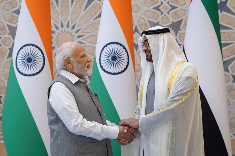 President Sheikh Mohamed and Narendra Modi, Prime Minister of India, at the Qasr Al Watan reception. Ryan Carter / UAE Presidential Court 
