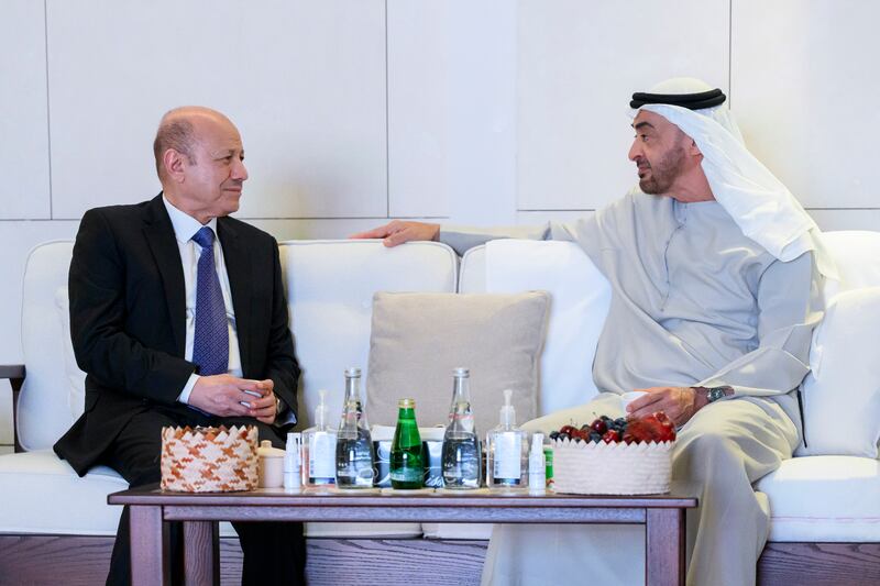 President Sheikh Mohamed with Rashad Al Alimi, Chairman of the Presidential Leadership Council, at Al Shati Palace. Abdulla Al Neyadi /  UAE Presidential Court