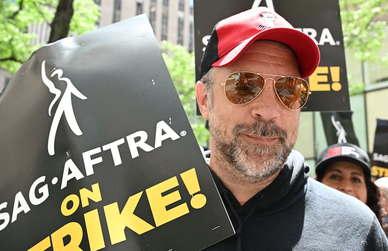 Actor Jason Sudeikis at a picket line outside NBC Universal in New York City. AFP