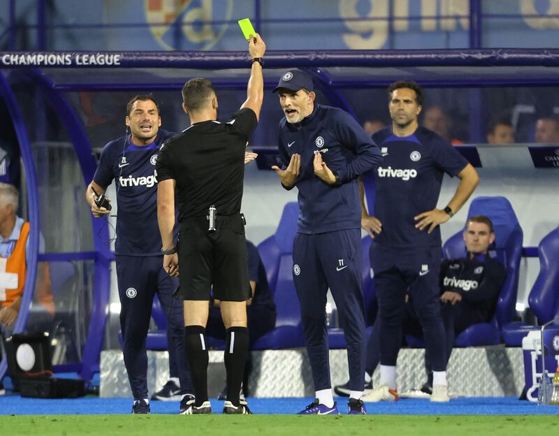 Chelsea manager Thomas Tuchel is shown a yellow card by referee Istvan Kovacs during the Champions League match against Dinamo Zagreb. Reuters