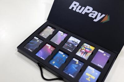 Mock-ups of Rupay Cards are displayed for a photograph at the office of National Payments Corporate of India (NPCI) in Mumbai, India, on Wednesday, July 17, 2019. The so-called Unified Payments Interface managed by NPCI allows any firm to use an infrastructure linking all the nation’s banks to create new digital payments services quickly and cheaply. Photographer: Kanishka Sonthalia/Bloomberg