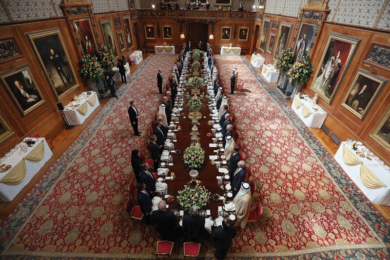 WINDSOR, ENGLAND - APRIL 30:  A State Luncheon for The President of the United Arab Emirates, His Highness Sheikh Khalifa bin Zayed Al Nahyan, in the Waterloo Chamber of Windsor Castle on April 30, 2013 in Windsor, England. The President of the United Arab Emirates is paying a two-day State Visit to the United Kingdom, staying in Windsor Castle as the guest of Her Majesty The Queen from April 30, 2013 to May 1, 2013. Sheikh Khalifa will meet the British Prime Minister David Cameron tomorrow at his Downing Street residence.  (Photo by Oli Scarff/Getty Images) *** Local Caption ***  167796879.jpg
