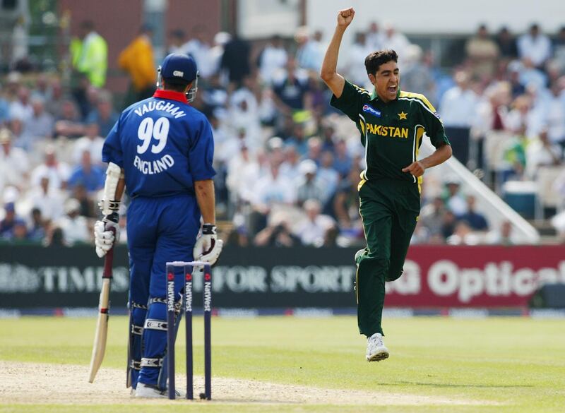 MANCHESTER, ENGLAND - JUNE 17:  Umar Gul of Pakistan celebrates after taking the wicket of Michael Vaughan of England during the England v Pakistan Natwest Challenge match June 17, 2003 at Old Trafford cricket ground in Manchester, England.  (Photo by Laurence Griffiths/Getty Images)