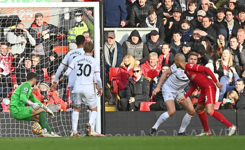 Liverpool midfielder Fabinho scores the opening goal against Brentford. AFP