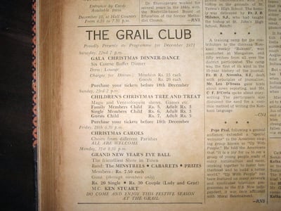 A newspaper advertisement for the Gala Christmas Dinner-Dance and other festive events at The Grail Club from 1973. The Herald