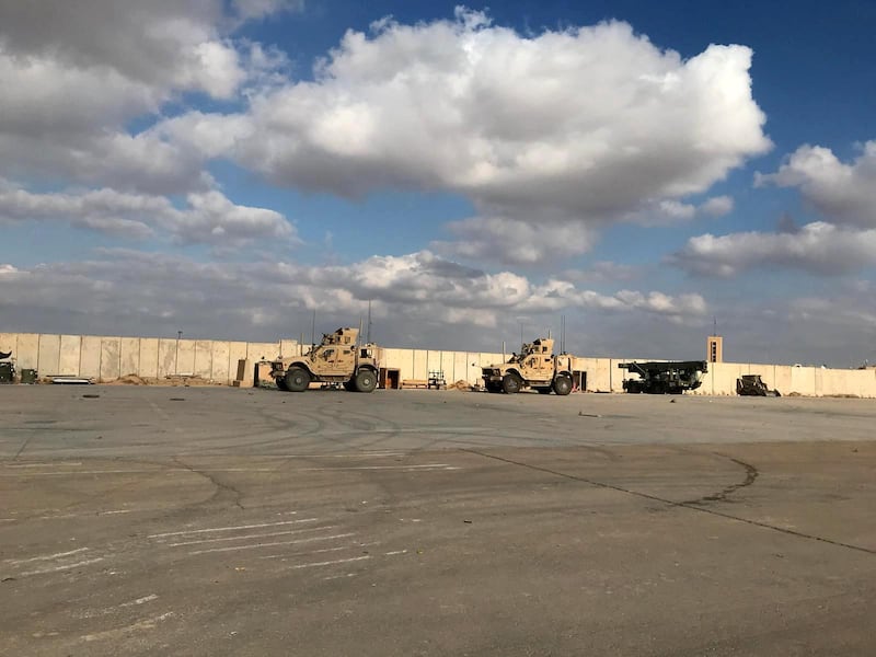 Military vehicles of U.S. soldiers are seen at Ain al-Asad air base in Anbar province, Iraq.  Reuters