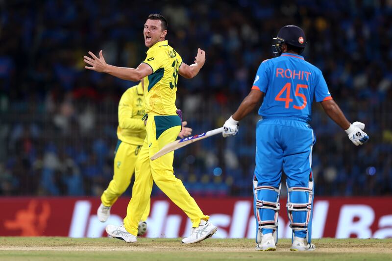 Australia pacer Josh Hazlewood appeals successfully for an lbw dismissal of India captain Rohit Sharma. Getty