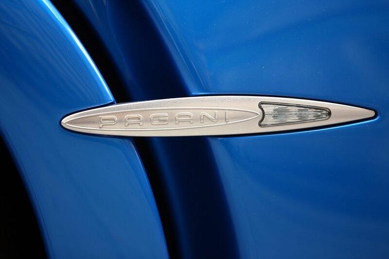 A badge is pictured on a Dubai-registered Pagani Huayra. Carl Court / Getty Images