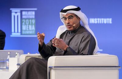 ABU DHABI , UNITED ARAB EMIRATES , February 12 – 2019 :- Mohamed Alabbar, Founder and Chairman, Emaar Properties speaking during the Milken Institute MENA Summit 2019 held at The St. Regis Saadiyat Island Resort in Abu Dhabi.  ( Pawan Singh / The National ) For News/Business/Instagram. Story by Dania 