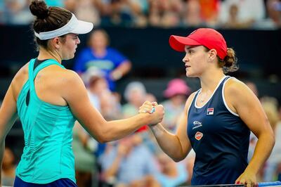 Jennifer Brady of the US (L) shakes hands with Ashleigh Barty of Australia after winning their women's singles match at the Brisbane International tennis tournament in Brisbane on January 9, 2020. -- IMAGE RESTRICTED TO EDITORIAL USE - STRICTLY NO COMMERCIAL USE --
 / AFP / AFP  / Patrick HAMILTON / -- IMAGE RESTRICTED TO EDITORIAL USE - STRICTLY NO COMMERCIAL USE --
