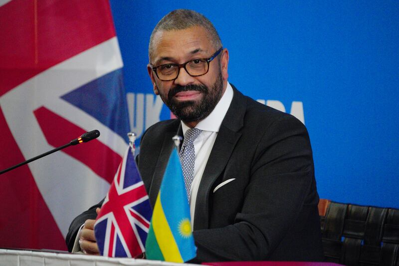 British Home Secretary James Cleverly during a press conference with Rwandan Minister of Foreign Affairs Vincent Biruta after the signing of a new treaty with Rwanda on December 5, 2023 in Kigali, Rwanda. Getty Images