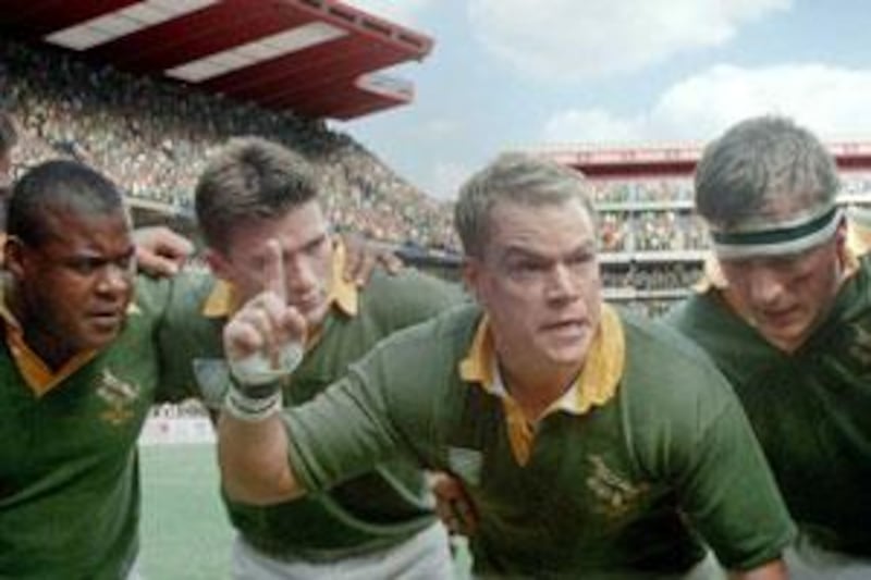 The South African rugby captain François Pienaar, played by Matt Damon, urges his team on to World Cup victory in the movie Invictus.