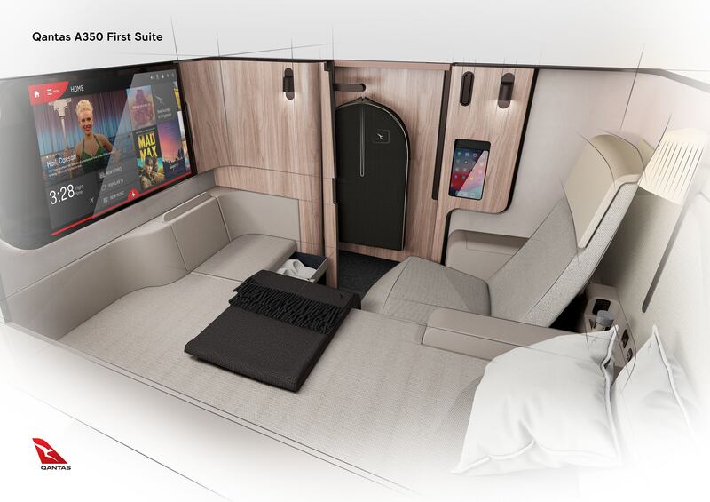 Each first-class suite has a huge in-flight entertainment screen, plenty of storage space and a lie-flat bed.  